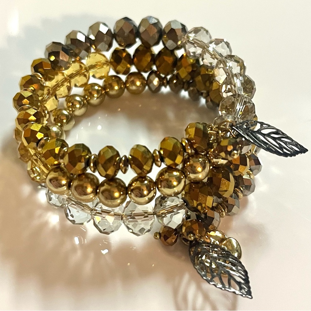 Gold Copper translucent fauceted Bead coil Bracelet leaf/flower dangle charms OS